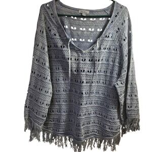 PBJ Blues Open Knit Sweater Fringe V Neck Long Sleeve Light Blue XL Boho